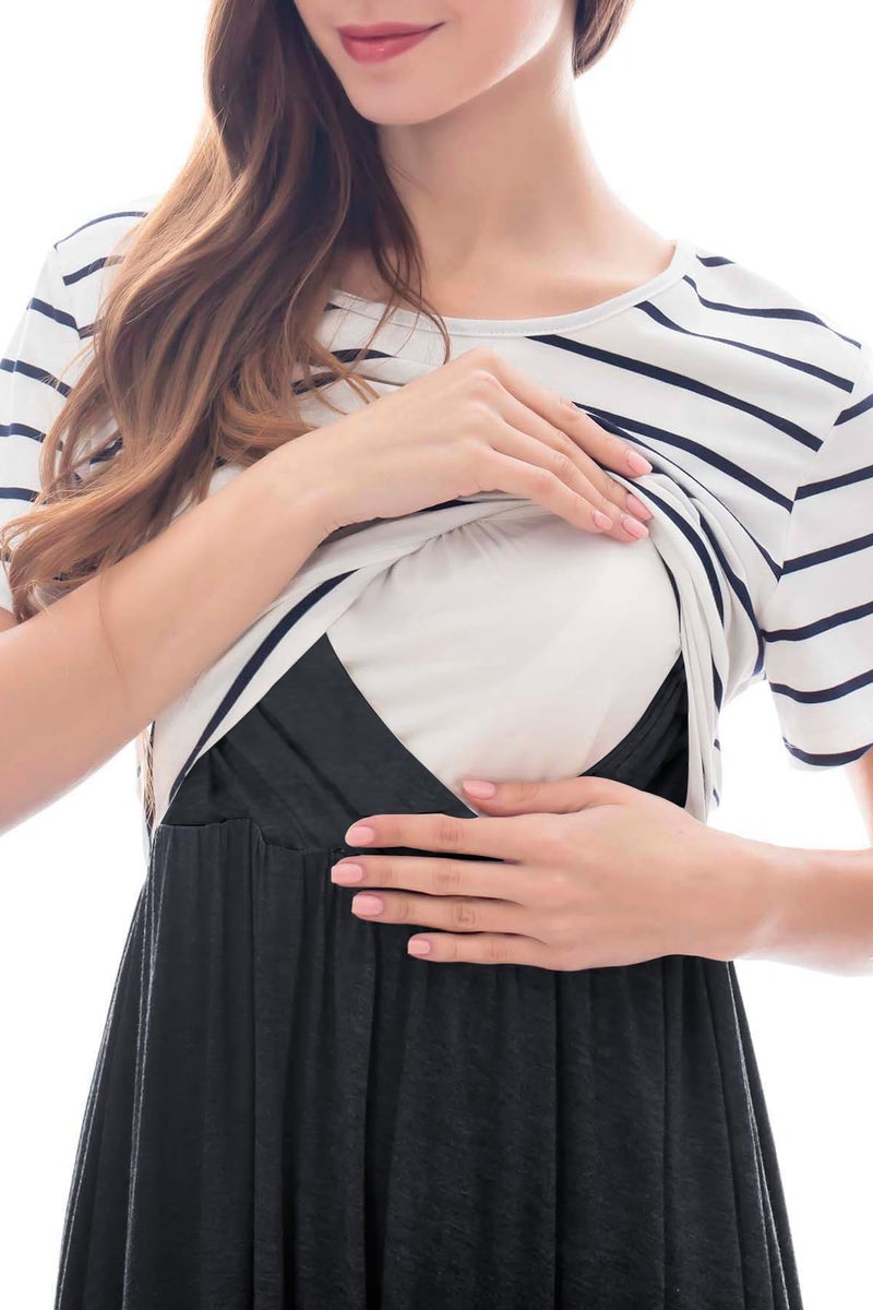 Smallshow Women's Short Sleeve Patchwork Nursing Dresses for Breastfeeding Small White Stripe - Image 2